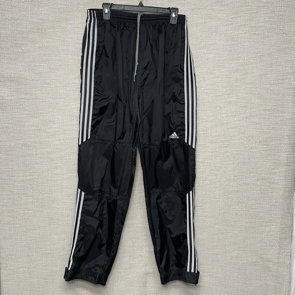 Y2K Adidas Track Pants Mens XL Warm Up Windbreaker Nylon Reinforced Knees Black
